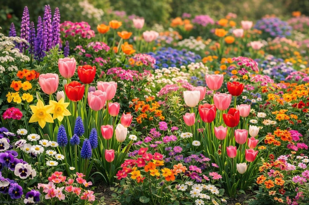 Diverse spring flowers including tulips, daffodils, daisies, and pansies in a garden bed